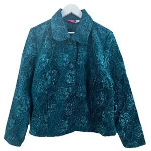 Capagallo Velvet Burnout Jacket Sz XL Teal Blue Floral Cropped Blazer R1015